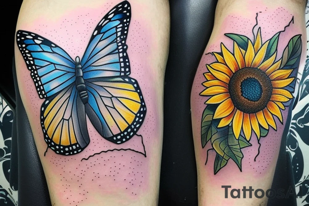 blue monarch butterfly landing near a sunflower located on a man's inner forearm. + more masculine + colored sunflower with black and white butterfly
More ideas tattoo idea