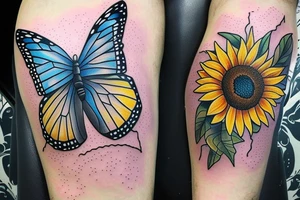 blue monarch butterfly landing near a sunflower located on a man's inner forearm. + more masculine + colored sunflower with black and white butterfly
More ideas tattoo idea