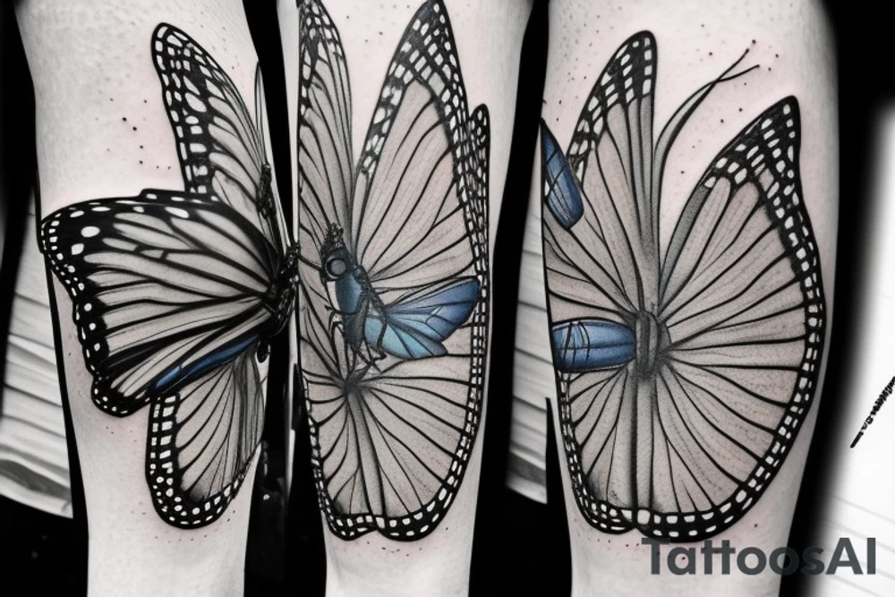 blue monarch butterfly landing near a sunflower located on a man's inner forearm. + more masculine + colored sunflower with black and white butterfly
More ideas tattoo idea