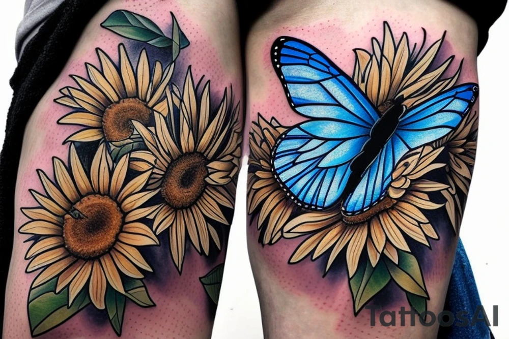 blue monarch butterfly landing near a sunflower located on a man's inner forearm. + more masculine + colored sunflower with black and white butterfly
More ideas tattoo idea