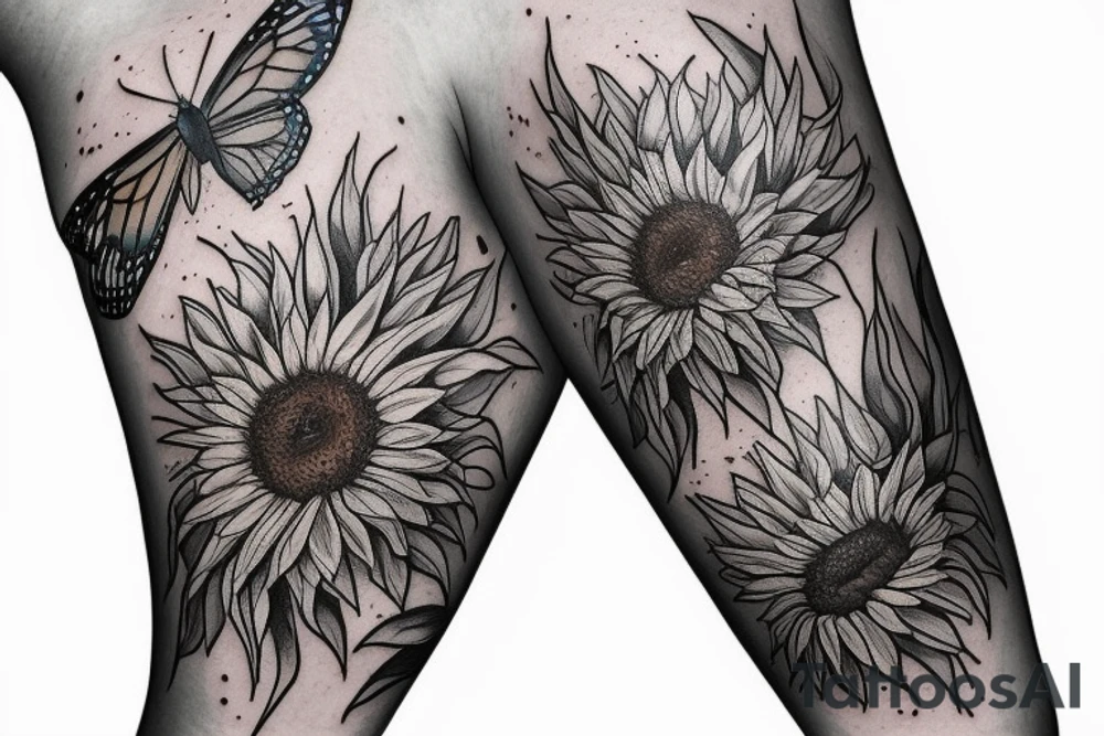 blue monarch butterfly landing near a sunflower located on a man's inner forearm. + more masculine + colored sunflower with black and white butterfly
More ideas tattoo idea