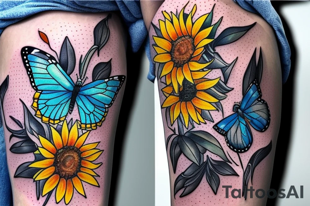 blue monarch butterfly landing near a sunflower located on a man's inner forearm. + more masculine + colored sunflower with black and white butterfly
More ideas tattoo idea