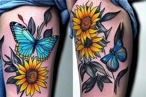 blue monarch butterfly landing near a sunflower located on a man's inner forearm. + more masculine + colored sunflower with black and white butterfly
More ideas tattoo idea