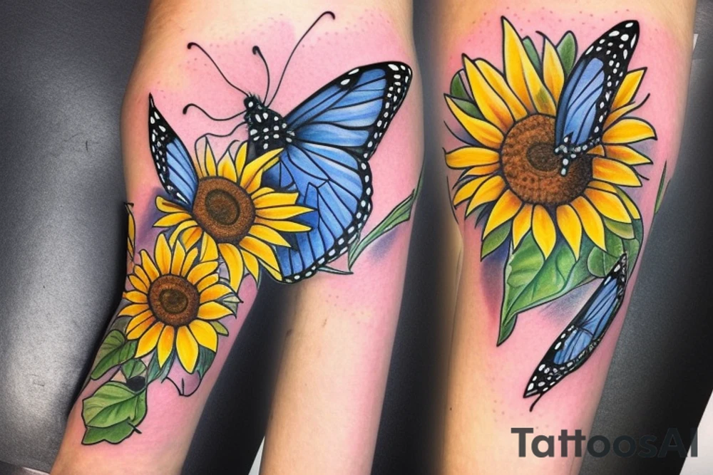 blue monarch butterfly landing near a sunflower located on a man's inner forearm. + more masculine + colored sunflower with black and white butterfly
More ideas tattoo idea