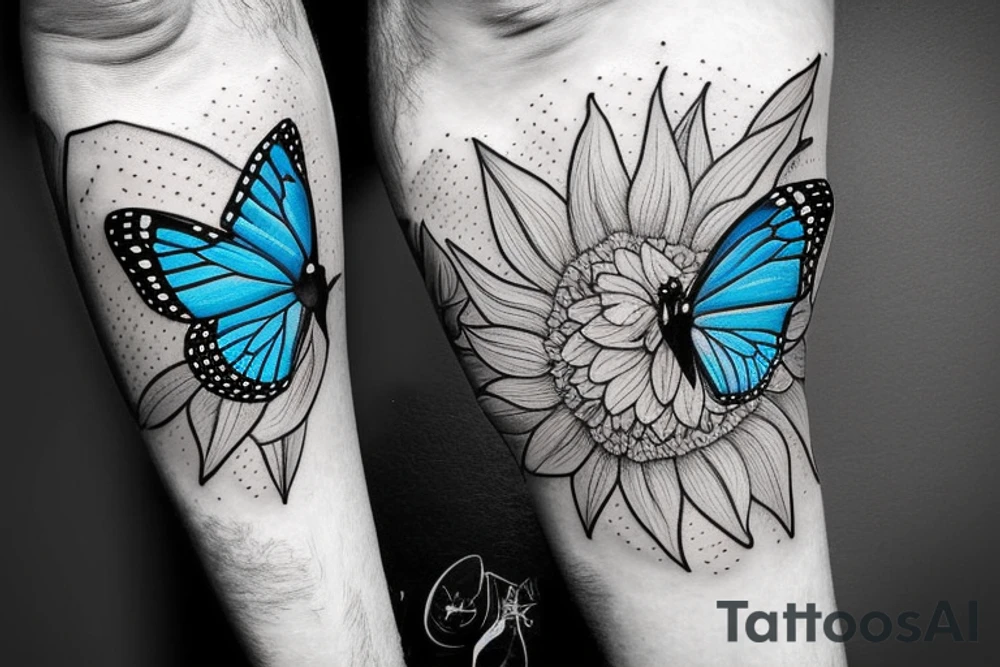 blue monarch butterfly landing near a sunflower located on a man's inner forearm. + more masculine + colored sunflower with black and white butterfly
More ideas tattoo idea