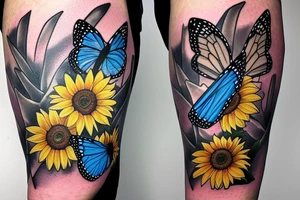 blue monarch butterfly landing near a sunflower located on a man's inner forearm. + more masculine + colored sunflower with black and white butterfly
More ideas tattoo idea