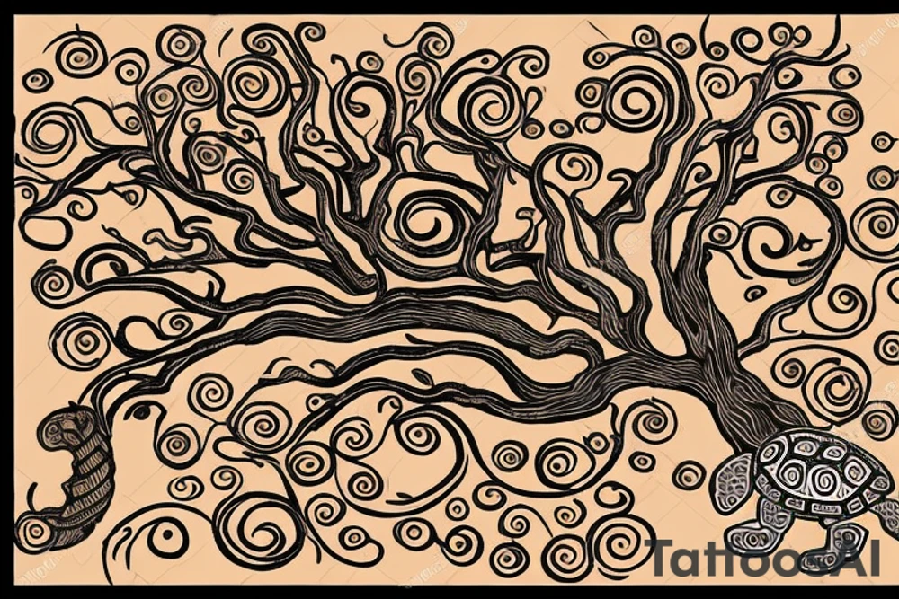 full back tattoo of an oak tree in fall with spirals and a sea turtle in the roots. black, brown, and red tattoo idea