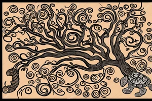 full back tattoo of an oak tree in fall with spirals and a sea turtle in the roots. black, brown, and red tattoo idea