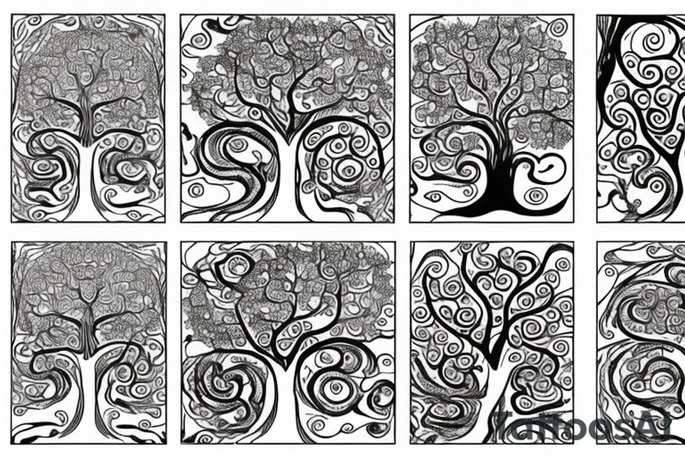 full back tattoo of an oak tree in fall with spirals and a sea turtle in the roots. black, brown, and red tattoo idea