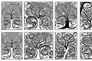 full back tattoo of an oak tree in fall with spirals and a sea turtle in the roots. black, brown, and red tattoo idea