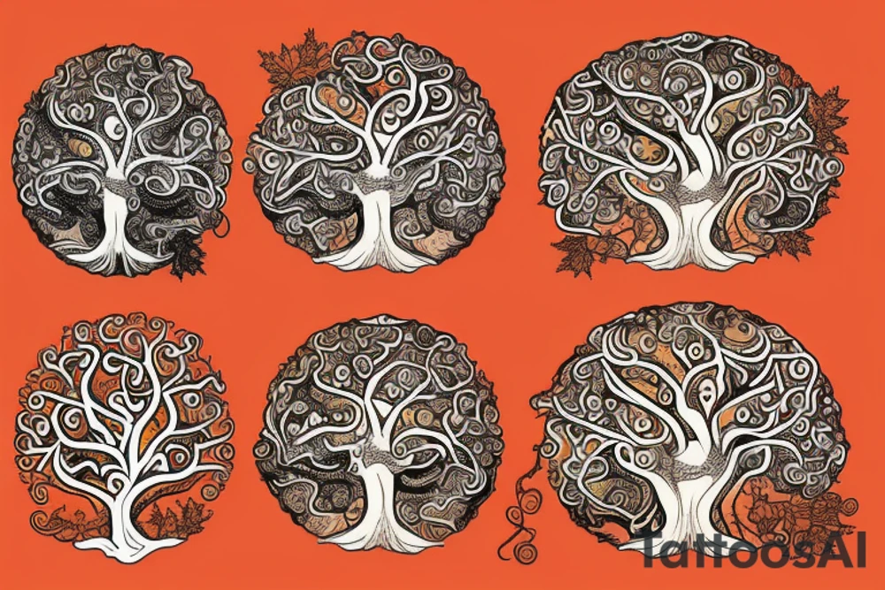 full back tattoo of an oak tree in fall with spirals and a sea turtle in the roots. black, brown, and red tattoo idea