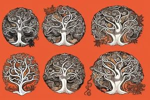 full back tattoo of an oak tree in fall with spirals and a sea turtle in the roots. black, brown, and red tattoo idea
