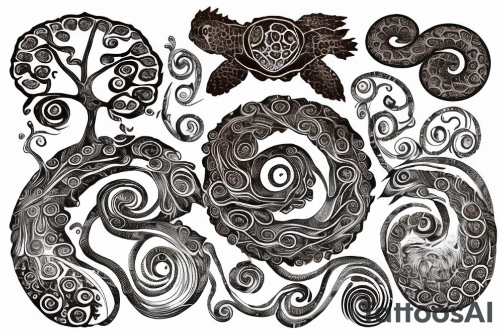 full back tattoo of an oak tree in fall with spirals and a sea turtle in the roots. black, brown, and red tattoo idea