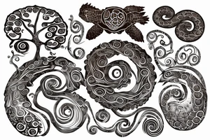 full back tattoo of an oak tree in fall with spirals and a sea turtle in the roots. black, brown, and red tattoo idea