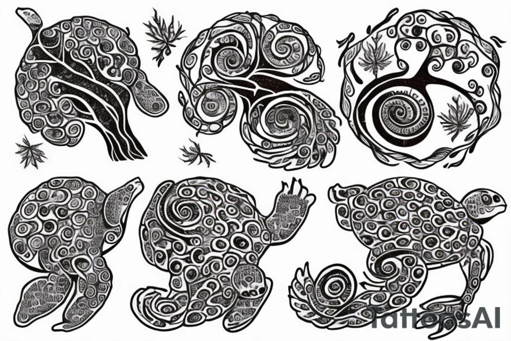 full back tattoo of an oak tree in fall with spirals and a sea turtle in the roots. black, brown, and red tattoo idea