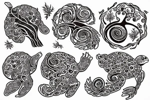 full back tattoo of an oak tree in fall with spirals and a sea turtle in the roots. black, brown, and red tattoo idea