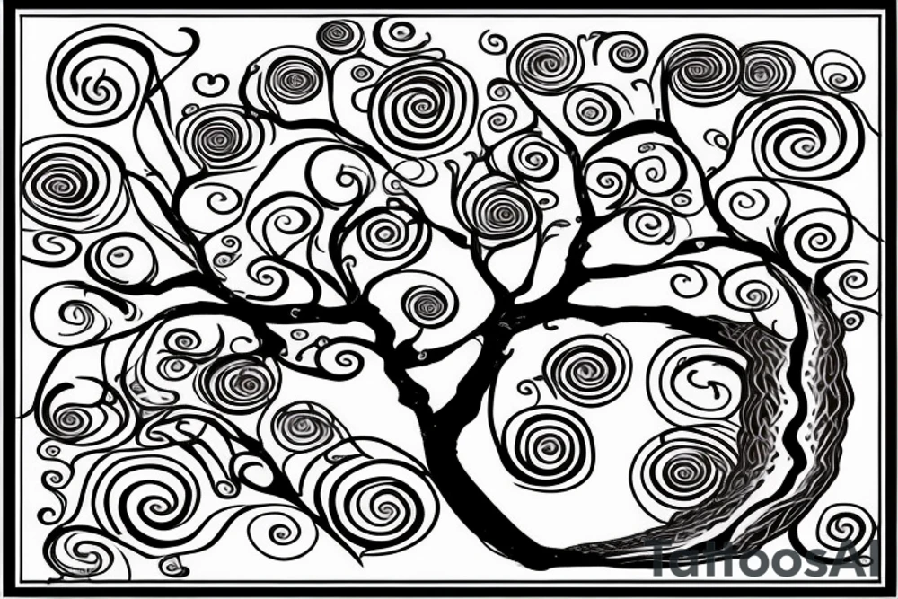 full back tattoo of an oak tree in fall with spirals and a sea turtle in the roots. black, brown, and red tattoo idea