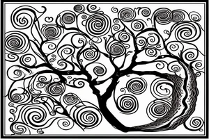 full back tattoo of an oak tree in fall with spirals and a sea turtle in the roots. black, brown, and red tattoo idea