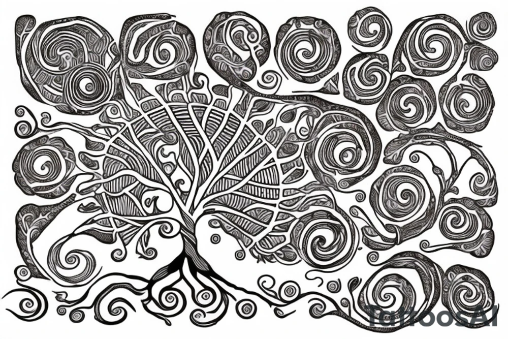 full back tattoo of an oak tree in fall with spirals and a sea turtle in the roots. black, brown, and red tattoo idea
