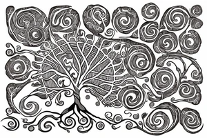 full back tattoo of an oak tree in fall with spirals and a sea turtle in the roots. black, brown, and red tattoo idea