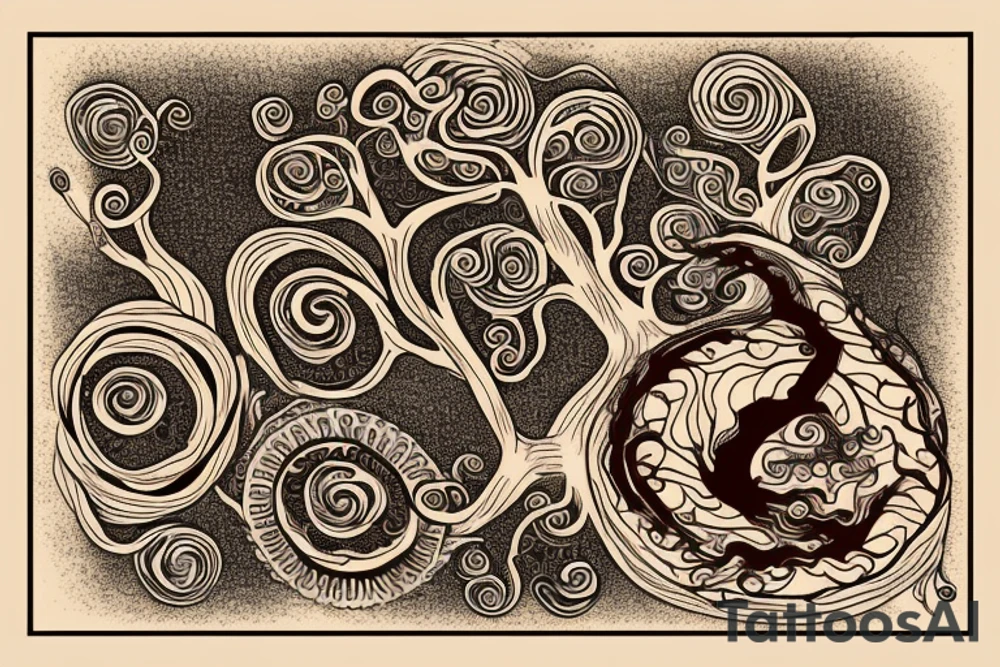 full back tattoo of an oak tree in fall with spirals and a sea turtle in the roots. black, brown, and red tattoo idea