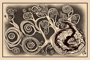 full back tattoo of an oak tree in fall with spirals and a sea turtle in the roots. black, brown, and red tattoo idea