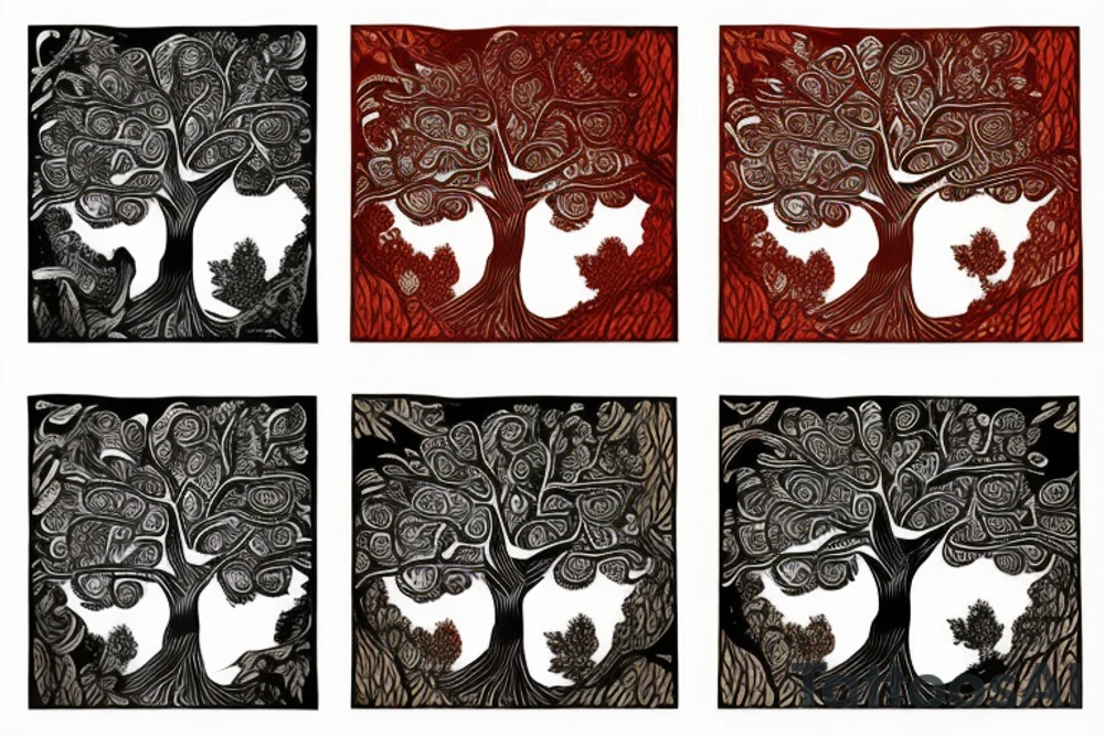 full back tattoo of an oak tree in fall with a sea turtle in the roots. black, brown, and red tattoo idea