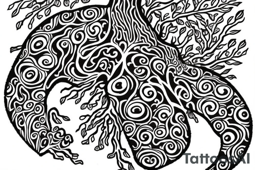 full back tattoo of an oak tree in fall with a sea turtle in the roots. black, brown, and red tattoo idea