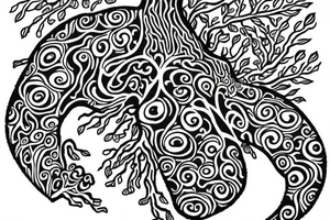 full back tattoo of an oak tree in fall with a sea turtle in the roots. black, brown, and red tattoo idea