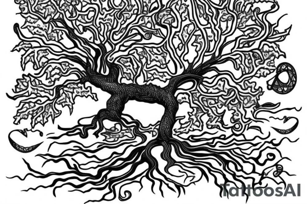 full back tattoo of an oak tree in fall with a sea turtle in the roots. black, brown, and red tattoo idea