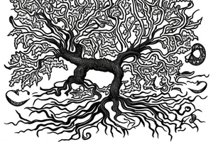 full back tattoo of an oak tree in fall with a sea turtle in the roots. black, brown, and red tattoo idea