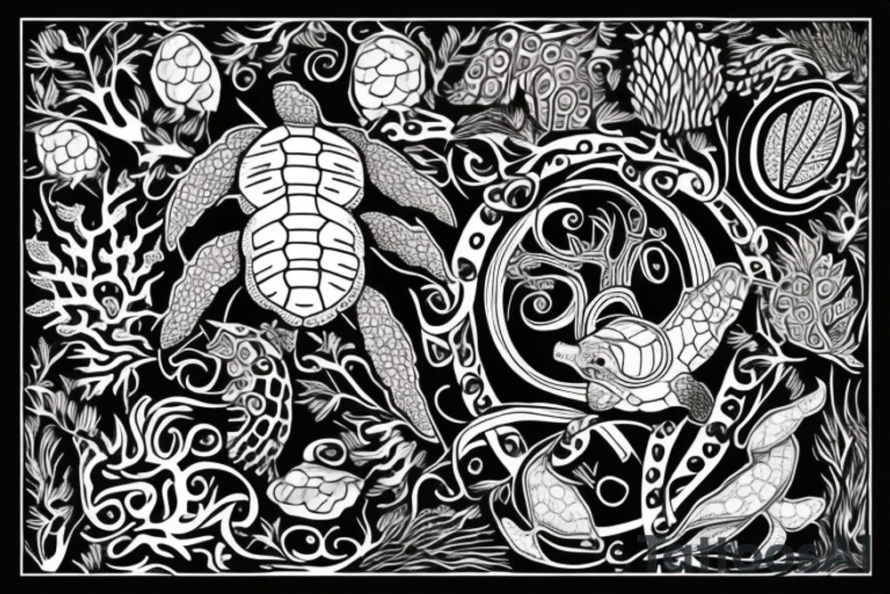 full back tattoo of an oak tree in fall with a sea turtle in the roots. black, brown, and red tattoo idea