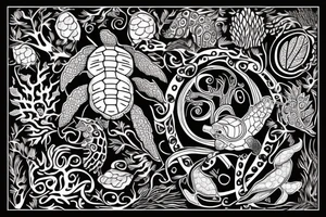 full back tattoo of an oak tree in fall with a sea turtle in the roots. black, brown, and red tattoo idea