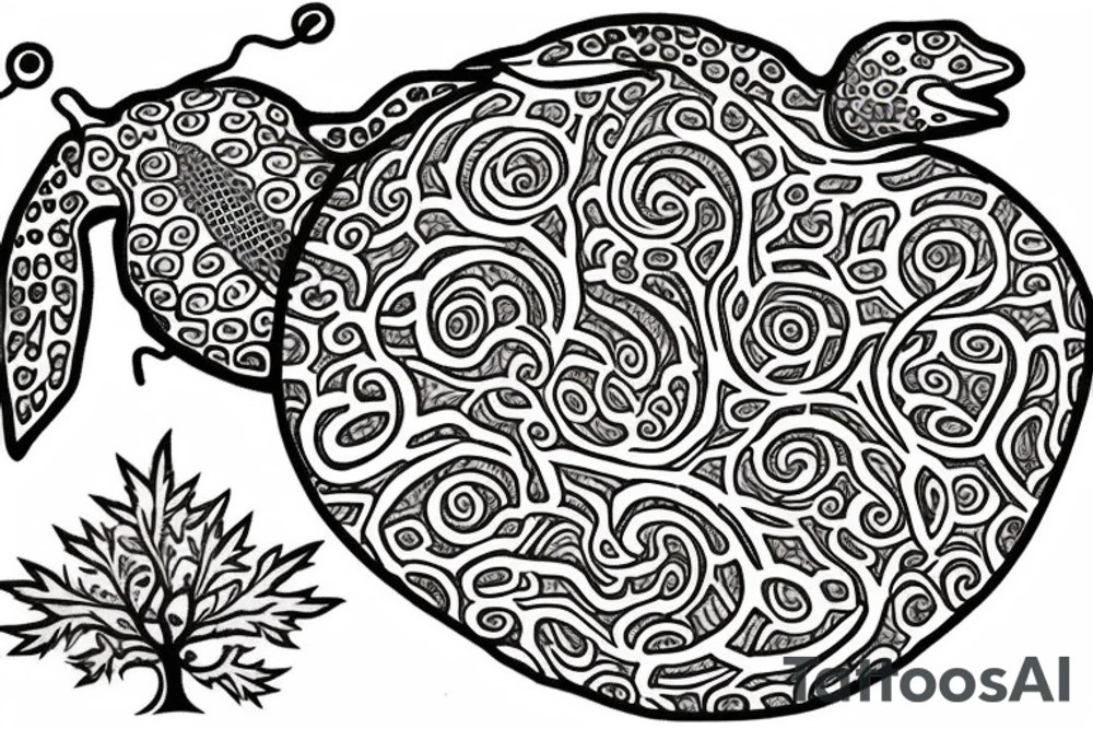 an oak tree in fall with a sea turtle in the roots. black, brown, and red tree of life spirals tattoo idea
