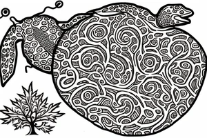 an oak tree in fall with a sea turtle in the roots. black, brown, and red tree of life spirals tattoo idea