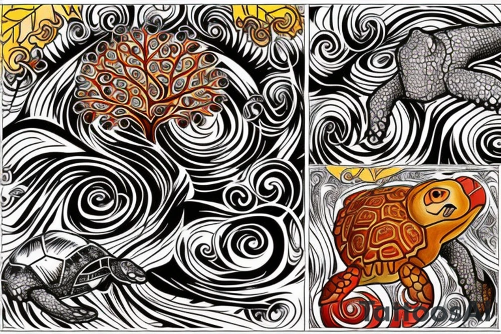 an oak tree in fall with a sea turtle in the roots. black, brown, and red tree of life spirals tattoo idea