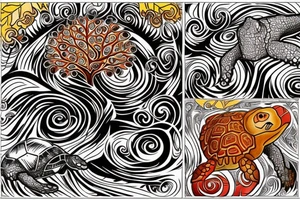 an oak tree in fall with a sea turtle in the roots. black, brown, and red tree of life spirals tattoo idea