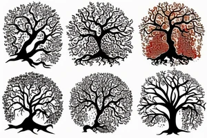 an oak tree in fall with a sea turtle in the roots. black, brown, and red tree of life spirals tattoo idea