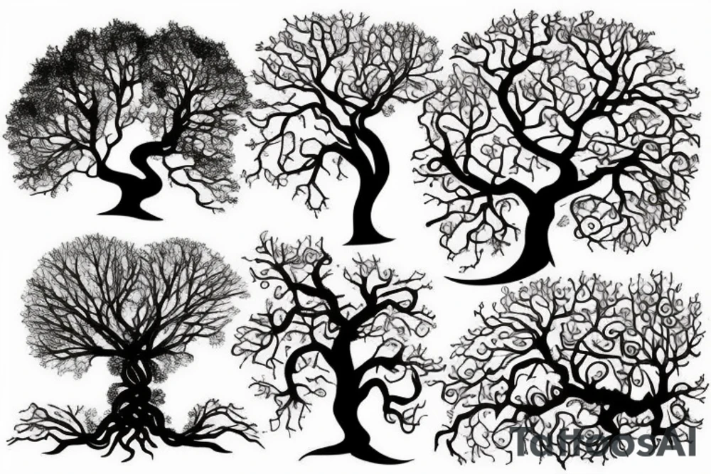 an oak tree in fall with a sea turtle in the roots. black, brown, and red tree of life spirals tattoo idea