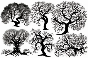 an oak tree in fall with a sea turtle in the roots. black, brown, and red tree of life spirals tattoo idea