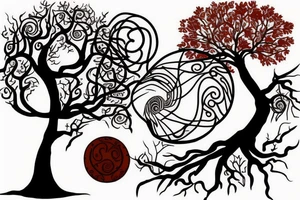 an oak tree in fall with a sea turtle in the roots. black, brown, and red tree of life spirals tattoo idea