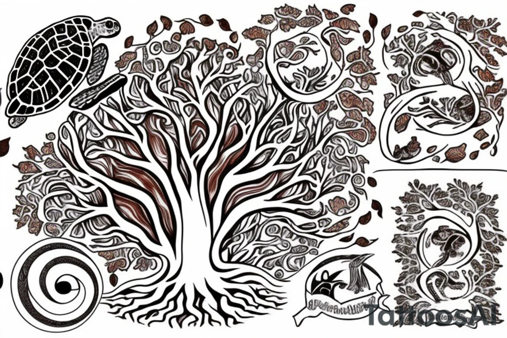 an oak tree in fall with a sea turtle in the roots. black, brown, and red tree of life spirals tattoo idea