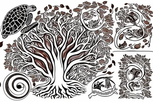 an oak tree in fall with a sea turtle in the roots. black, brown, and red tree of life spirals tattoo idea