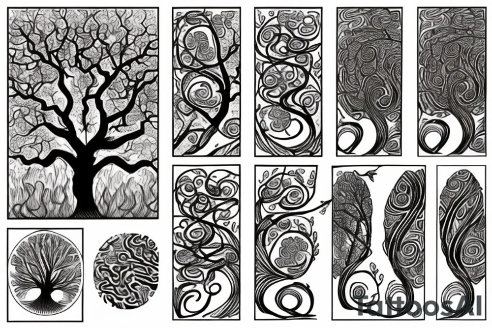 an oak tree in fall with a sea turtle in the roots. black, brown, and red tree of life spirals tattoo idea