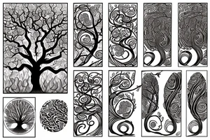 an oak tree in fall with a sea turtle in the roots. black, brown, and red tree of life spirals tattoo idea