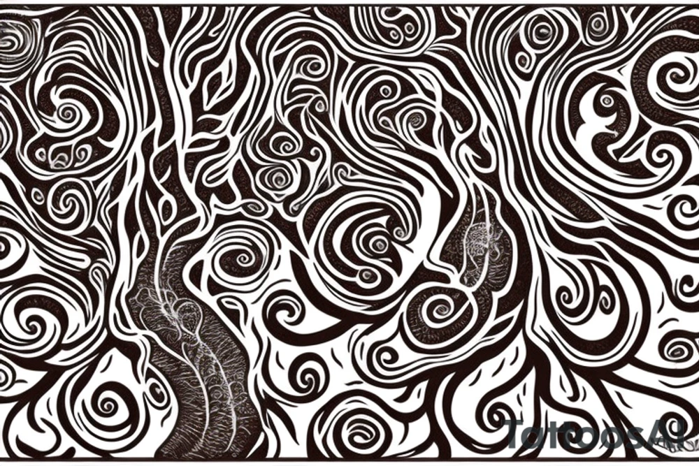 an oak tree in fall with roots. black, brown, and red tree of life spirals tattoo idea