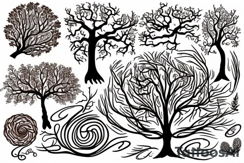 an oak tree in fall with roots. black, brown, and red tree of life spirals tattoo idea