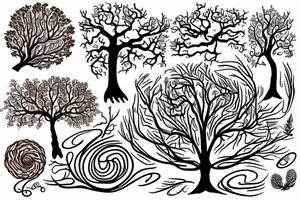 an oak tree in fall with roots. black, brown, and red tree of life spirals tattoo idea