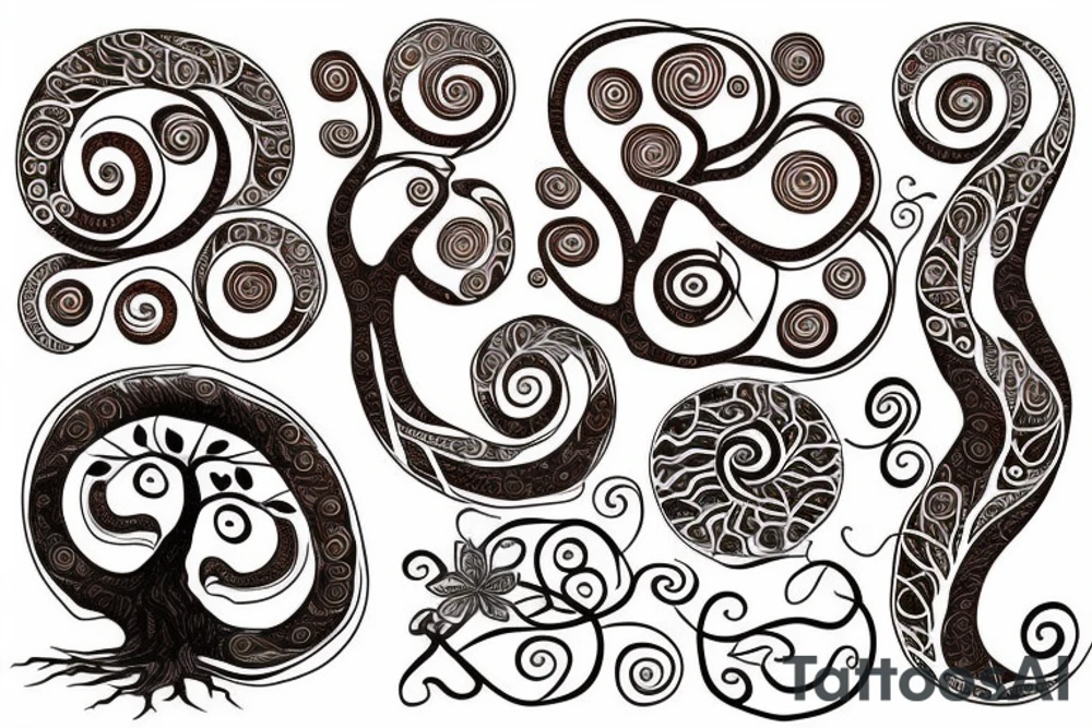 an oak tree in fall with roots. black, brown, and red tree of life spirals tattoo idea