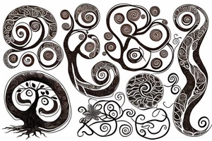 an oak tree in fall with roots. black, brown, and red tree of life spirals tattoo idea